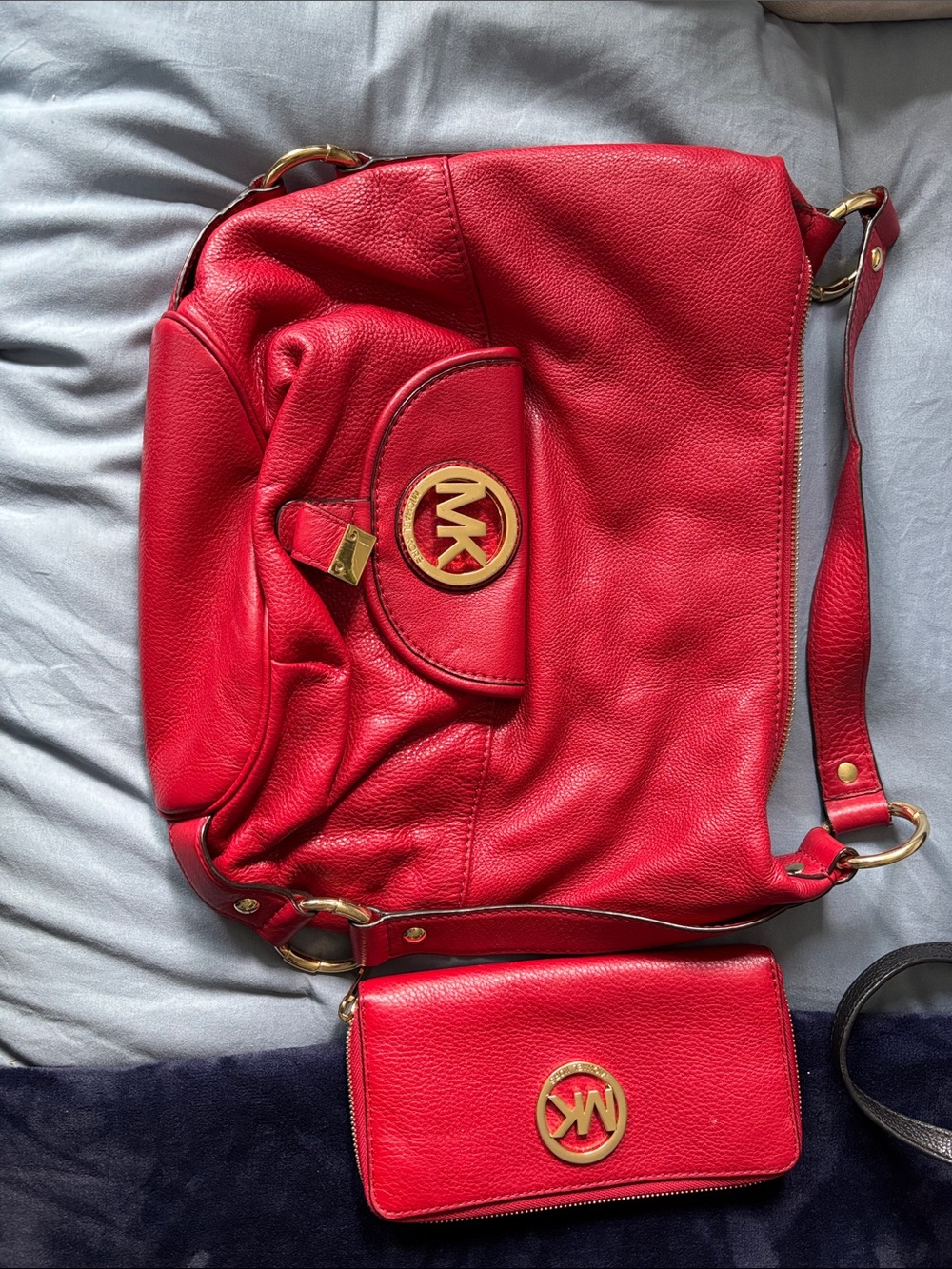 Michael Kors Red Leather Shoulder Bag with Matching Wallet